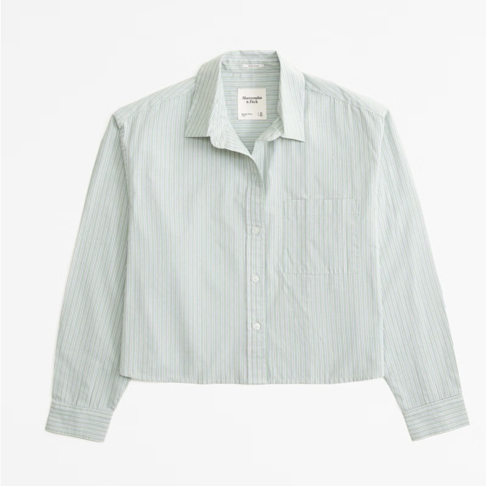 Abercrombie Oversized Cropped Poplin Shirt green striped Large